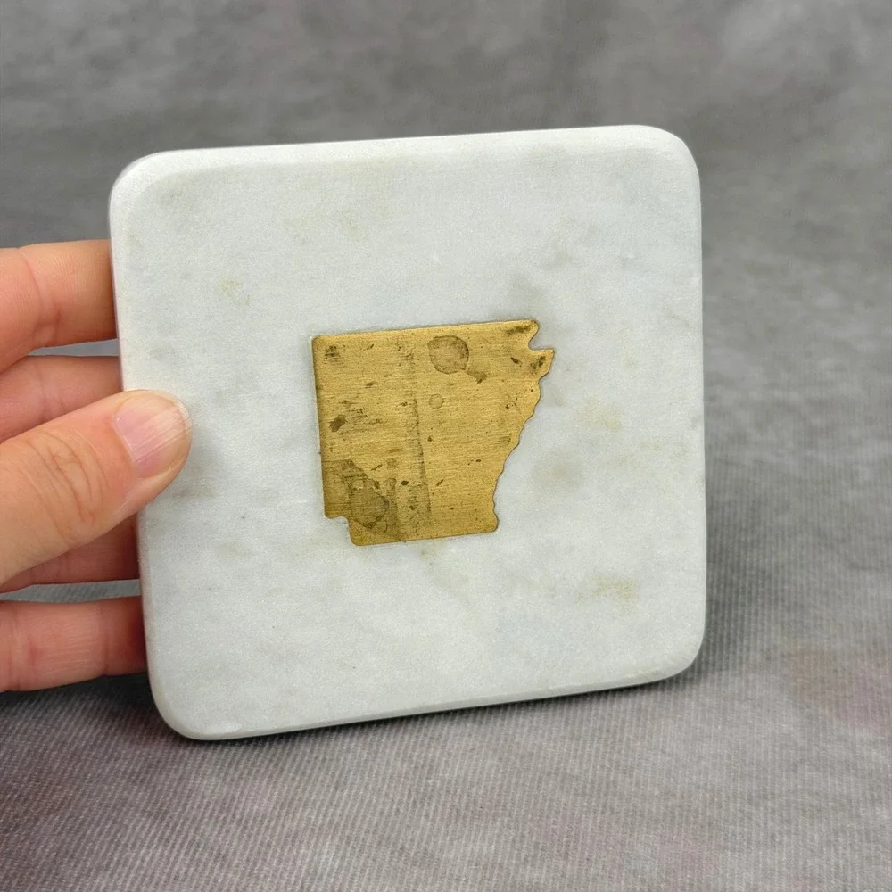 The Royal Standard White Marble Arkansas Brass Inlay Coasters Set of 4